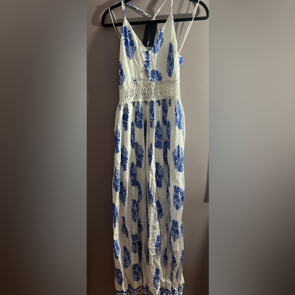 Fashion Nova Holy Slit Maxi Dress Blue and White